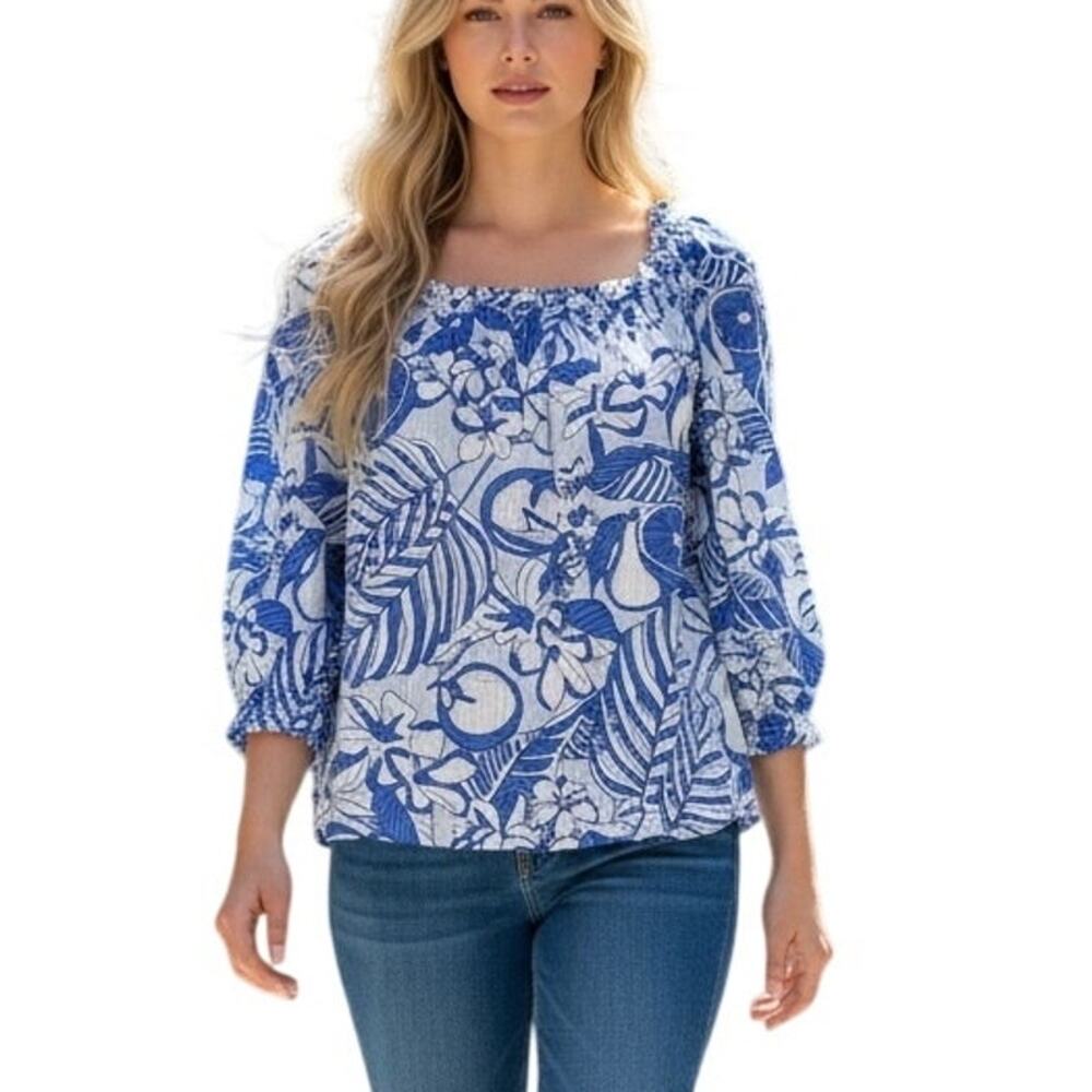 Vineyard Vines Painted Palm Beach Ruffle Blouse Womens XS Blue Flowy Beachy Top